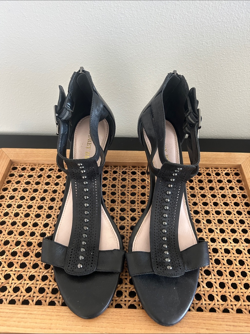 Audrey Brooke Black T-Strap Studded Heels